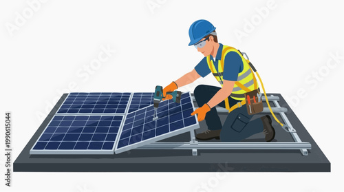 A worker in a hard hat installing solar panels on a rooftop with a drill