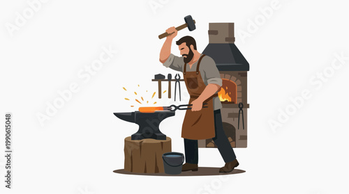 A blacksmith is hammering a piece of hot metal in a forge.