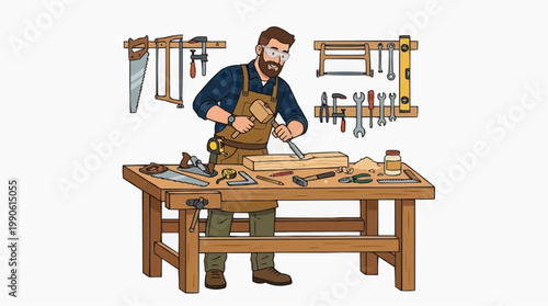A cartoon illustration of a bearded carpenter working on a wooden project at his workbench with various tools.