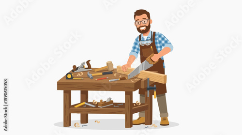 A cartoon illustration of a bearded man in an apron working with wood in a workshop