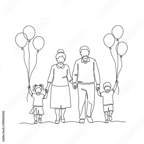 Family holding hands with balloons.