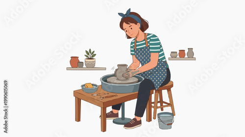 A woman sitting at a pottery wheel, creating a ceramic piece in a studio with various tools and plants around her.