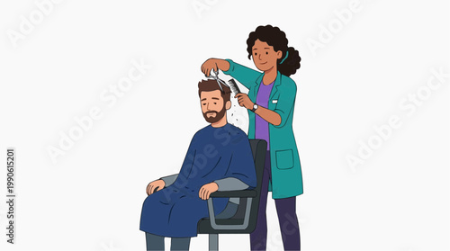 A vector illustration of a woman cutting a man's hair in a salon chair with scissors and a comb