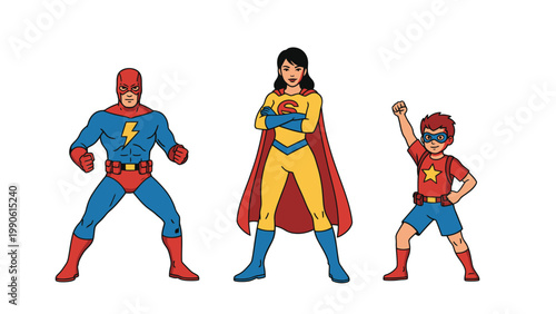 Cartoon Superhero Team: Man, Woman, and Child Posing Confidently on White Background