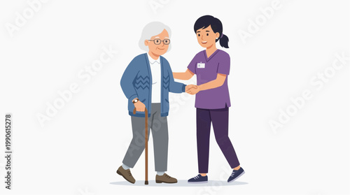 A vector illustration of a young nurse assisting an elderly woman with a cane