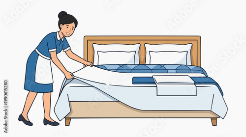 A cartoon maid making a bed with a blue and white comforter and pillows in a minimalist vector illustration