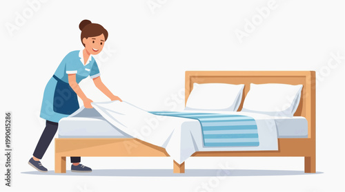 A cartoon illustration of a maid making a bed with a blue and white striped blanket