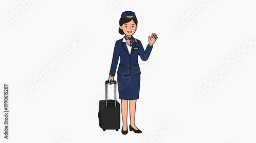 A friendly flight attendant in a blue uniform waves with a suitcase in hand.