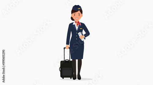 A cartoon illustration of a smiling flight attendant in a blue uniform holding a suitcase and boarding pass