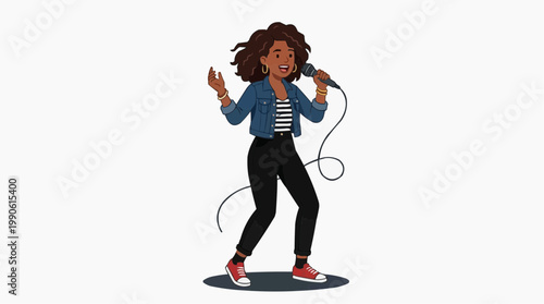 A vibrant cartoon illustration of a woman singing into a microphone with a joyful expression