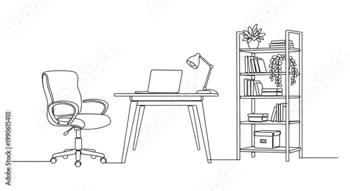 Office Desk With Laptop Chair Bookshelf.