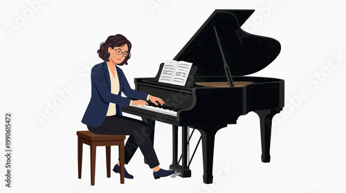 A woman plays a grand piano in a minimalist vector illustration with a flat design style