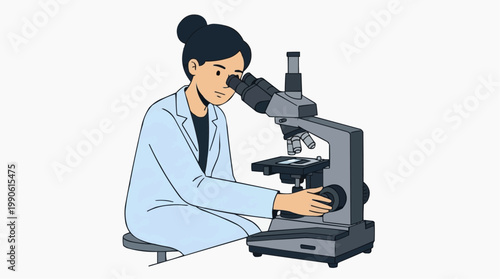 A scientist in a lab coat examining a sample under a microscope in a laboratory setting.
