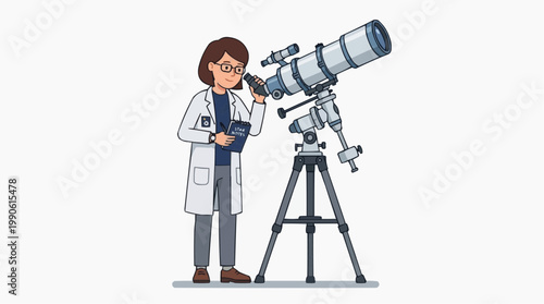 A female scientist in a lab coat using a large telescope for stargazing and astronomy research.