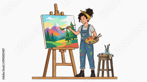 A young artist painting a vibrant landscape on a canvas with a paintbrush and palette in a creative studio setting.
