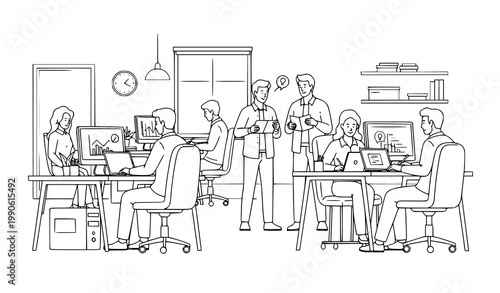 Modern creative office workspace thin line vector illustration with employees working at desks in business center outline style