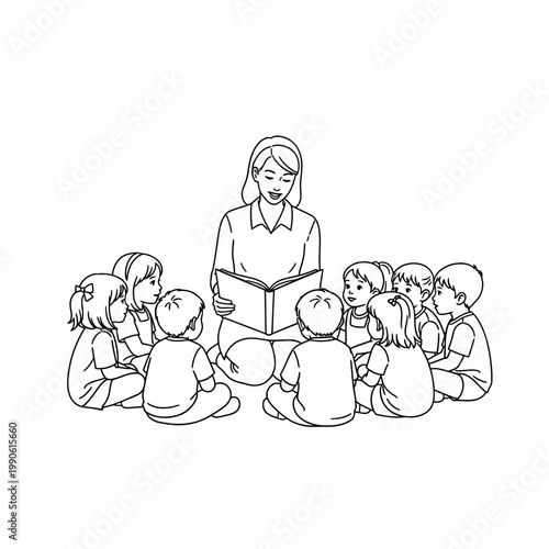 Woman reading to group of children.