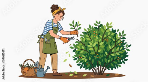 A woman in a green apron pruning a tree with gardening tools nearby in a vector illustration