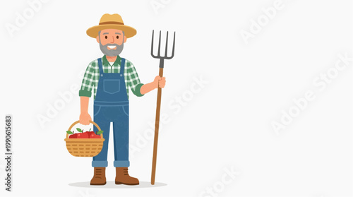 A cartoon farmer holding a basket of vegetables and a pitchfork in a minimalist vector illustration