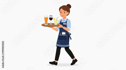 A cartoon waitress carrying a tray of drinks in a modern uniform
