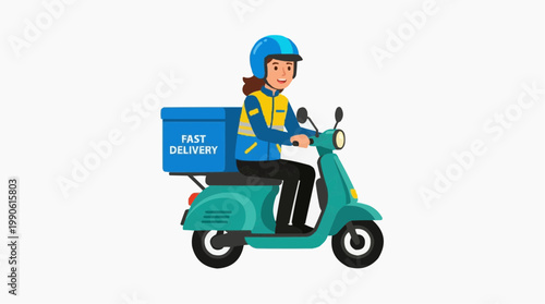 A delivery person riding a scooter with a box labeled fast delivery