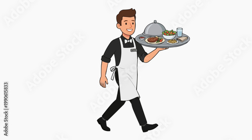 A cheerful waiter in a black shirt and white apron carrying a tray of food in a modern restaurant setting