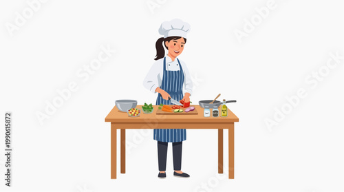 A chef meticulously prepares ingredients at a wooden table in a well-lit kitchen, embodying culinary artistry and attention to detail.