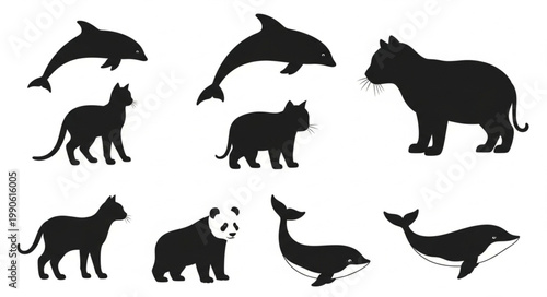Collection of Animal Silhouettes Including Cats Dolphins Whales and Panda.