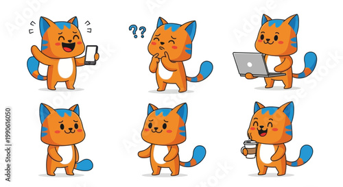 Cute Cartoon Cat Character with Various Emotions and Actions