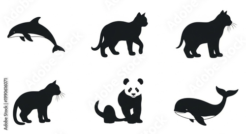 Collection of Animal Silhouettes Dolphin Cat Panda Whale.