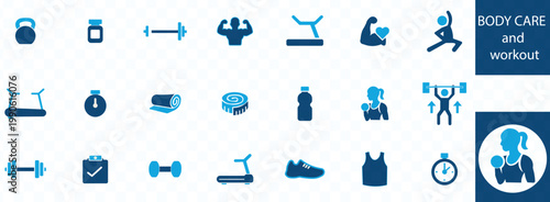 A collection of blue icons depicting various fitness equipment exercises and elements associated with body care and workout routines high quality professional