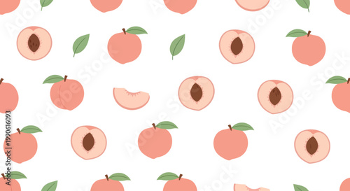 Seamless Pattern of Peaches and Slices with Leaves on White Background