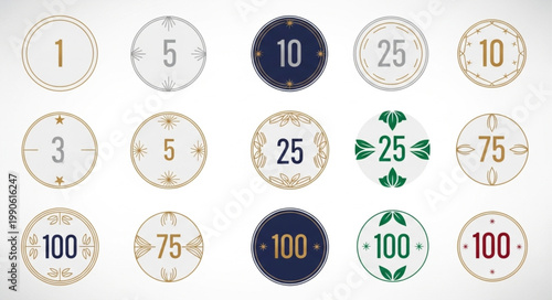 Collection of casino poker chips with numbers and ornate designs.