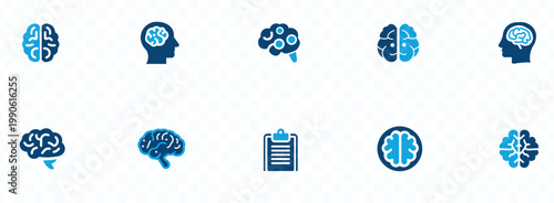 A collection of blue icons depicting the human brain intelligence cognitive function and mental health concepts high quality professional detailed modern elegant