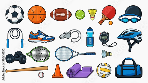 A colorful vector illustration of various sports equipment and accessories arranged in rows