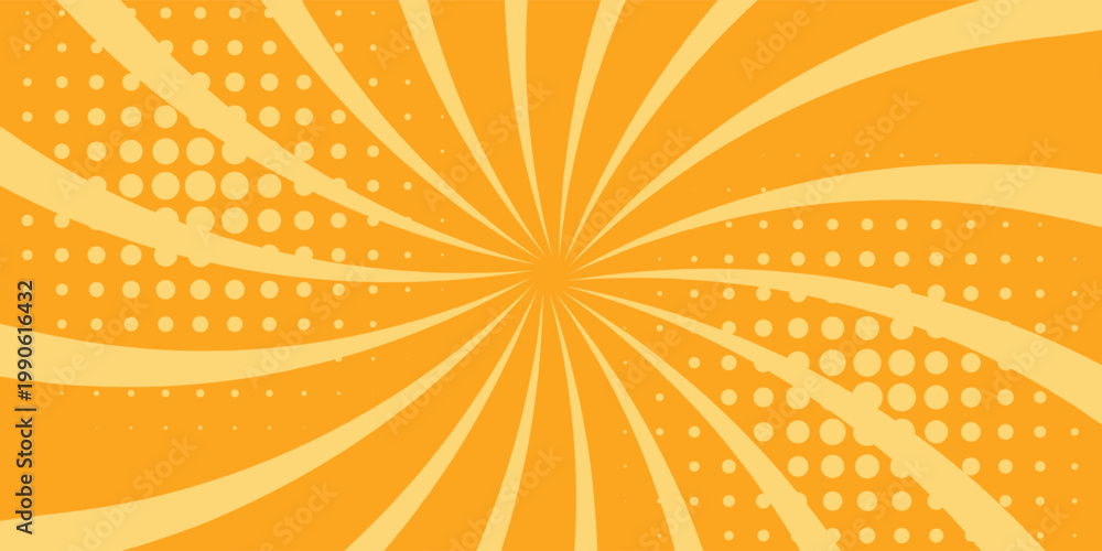 Fototapeta premium Orange stripes burst lines background. Sun ray light. Radiate sunlight. Vintage stripes halftone radial wallpaper for poster, banner.Circus background of spiral yellow orange rays vector.