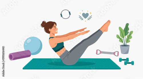 A woman doing pilates in a modern fitness studio with exercise equipment and plants around her.