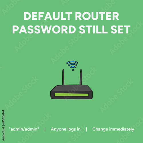 Modern vector illustration showcasing a wireless network router with an insecure default password setting requiring urgent user account security updates