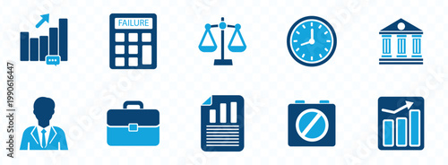 A collection of flat blue icons representing business finance law and potential setbacks or challenges high quality professional detailed modern elegant stylish