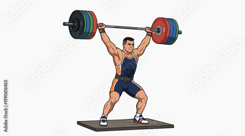 A muscular man in a blue and orange singlet lifting a heavy barbell with colorful weights in a dynamic pose