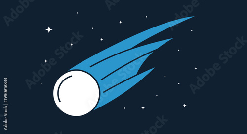 Stylized comet with a blue tail streaks across a dark starry sky