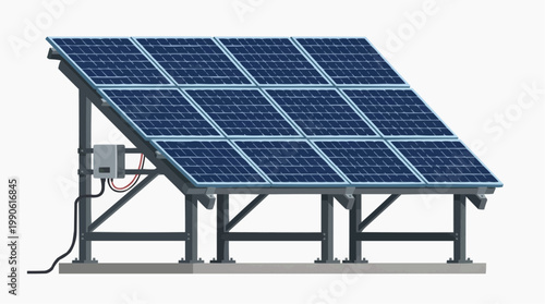 A vector illustration of a solar panel array with a metal frame and electrical components