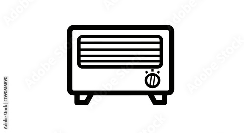 Black line drawing of a compact electric heater with horizontal slats and dial