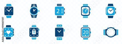 A collection of twelve blue smartwatch icons displaying different time formats features and digital watch faces high quality professional detailed modern elegant