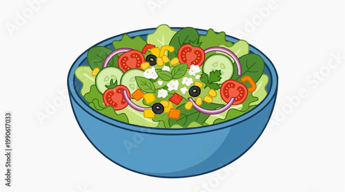 A colorful vector illustration of a fresh salad in a blue bowl