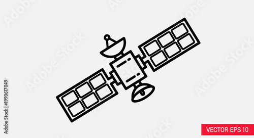 A simple black and white line drawing of a satellite with solar panels