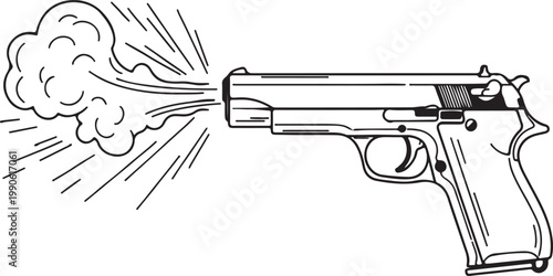 A handgun firing with smoke coming out of the barrel