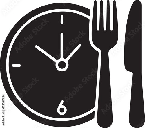 Meal time icon with clock fork knife representing eating schedule black and white app icon web diet plan mealtime schedule breakfast restaurant planning pictogram illustration