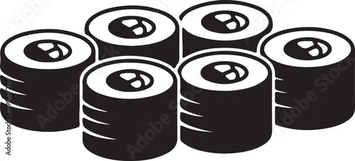 Six sushi rolls arranged for japanese cuisine icon with japanese food asian food raw fish fast black and white oriental restaurant traditional delicious appetizer chopsticks culinary