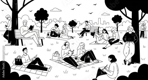 People enjoying a sunny day in a park reading books.
